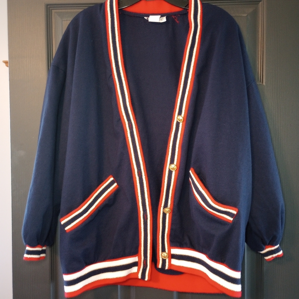 Vintage 70s Oversized Ribbed Varsity Cardigan Preppy Track Suit Jacket Prepcore - Picture 2 of 7